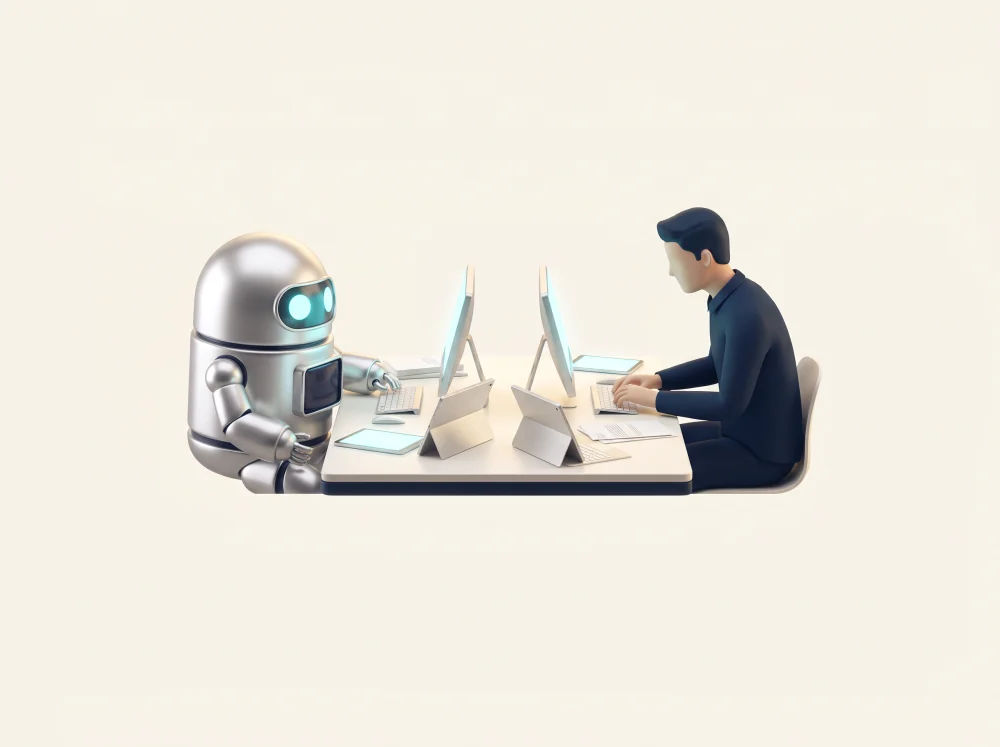 Cartify maskotu ve bir insan, aynı masanın iki ucunda karşılıklı çalışıyor